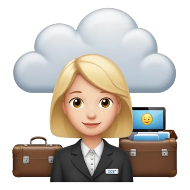 A thinking person with a thought cloud showing a modern hotel reception — front desk, receptionist, suitcases, cozy lighting. Cute emoji style, soft and clean.
 sticker