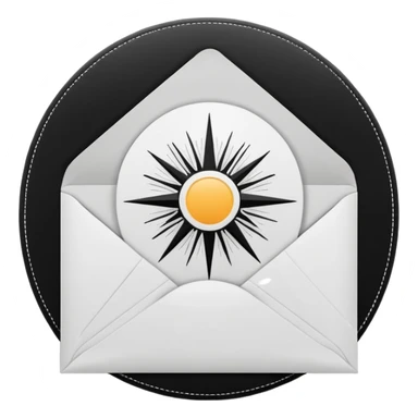 Open envelope, centered, black interior with a bright circular core and radial engraved sunburst rays, pure black ink on pure white, stipple/crosshatch only, razor sharp --style raw --ar 1:1 --no gradient, gray, 3d, glossy, text sticker