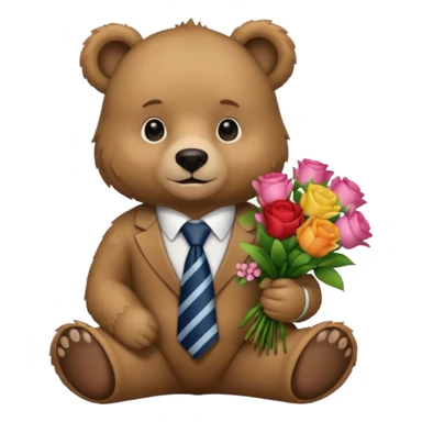 A bear sitting down wear a tie and holding a 💐 sticker