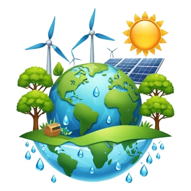 An icon featuring a green Earth, a tree, recycling symbols, and renewable energy sources like wind turbines, solar panels, and hydropower. The design includes animals, water droplets, and the sun, representing ecology, sustainable energy, and environmental protection. Transparent background. sticker