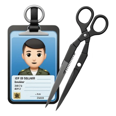 Floating black Scissors cutting an idf soldier ID card in 2 parts .hyper realistic sticker