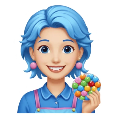 candy shop vendor, looking like candy with candy earrings and candy hair with big smile and blue sticker