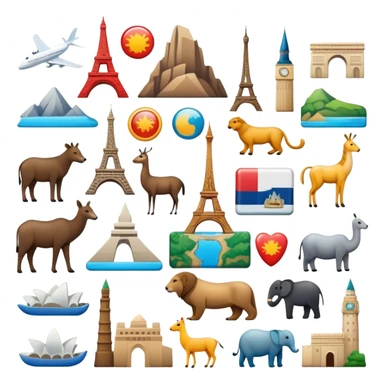 Icon for Magnet Collecting: a variety of colorful magnets with iconic landmarks, animals, and symbols from different countries, neatly arranged on a magnetic board or fridge. The icon should convey the fun and diversity of magnet collecting. Transparent background. sticker