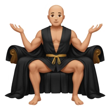 fullbody jacked bald guy, sleeveless and unbuttoned in full black robe sitting sticker