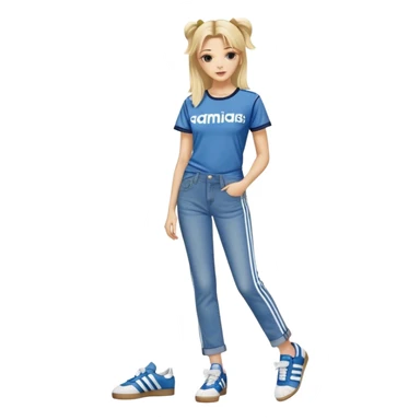 Beautiful Blonde woman standing up posing with one leg slightly crossed over the other leg, wearing denim straight jeans, a pair of adidas og samba shoes and a cute top with small bows on it sticker