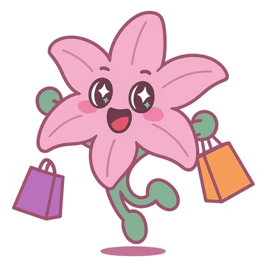 pastel magenta lily flower with sparkling eyes and open mouth, jumping with joy while holding shopping bags, round and bouncy, vibrant toon style sticker