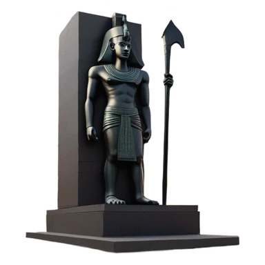Osiris crook and flail obsidian statue on granite 30 ton brick, massive size, sunlight behind, sunset colors, reflections on black stone polished clean perfect, photography angles sticker