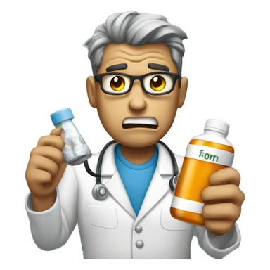 Angry person on the phone holding a bottle of medicine sticker