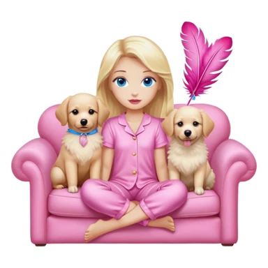 A blonde girl with blue eyes and pink lips with slightly plump cheeks in pink pajamas with feathers sits on a sofa with soft pillows and two Spitz dogs and one Labrador, beige dogs. sticker