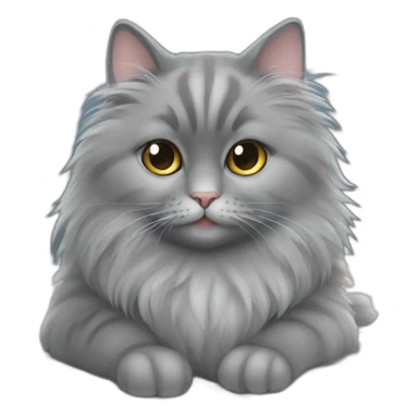 Fluffy grey cat sitting next to the MacBook sticker