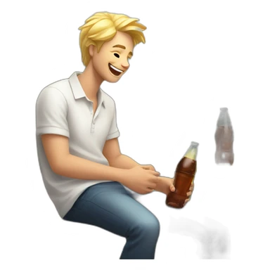A blond male student in a white shirt with a bottle of soda in an open pose laughs on a bench sticker