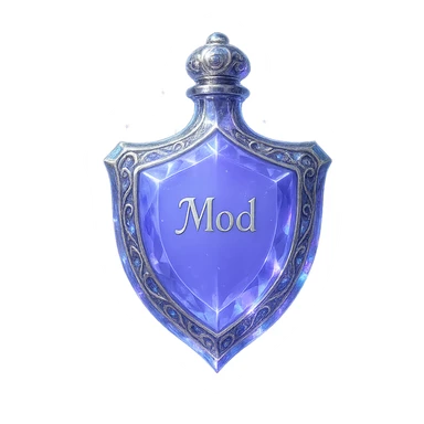 luxurious crystal elixir bottle in shield shape, color #7986cb, ornate silver and iridescent details, very small neck, seamless bottom, floating in air with no base or shadow, modern collection style, magical glowing and sparkling effects, the word 'Mod' written on the bottle, transparent background sticker