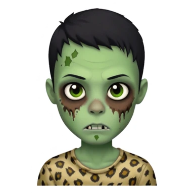 Zombie boy with green skin and sleepy eyes and scars on his face and a shirt that has cheetah texture and black hair sticker