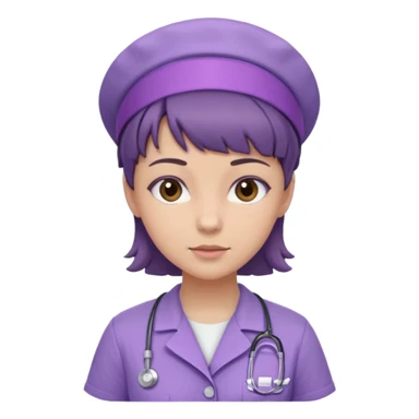 A young female slim nurse with short brown hair with fringe over her forehead, wearing larvendar purple working cloth sticker