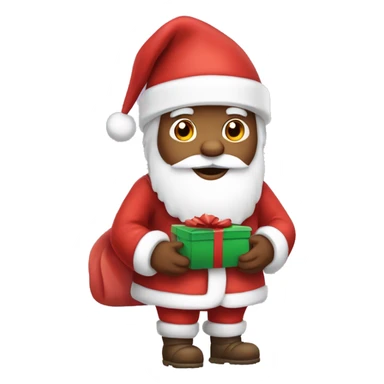 “An adorable full-body Santa in a red suit, fluffy white beard, rosy cheeks, big eyes, and a red hat with a white pom-pom, holding a small gift.” sticker