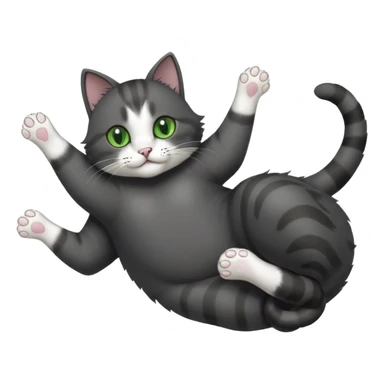 solid dark grey cat with green eyes, white toes/paws and white patch on her chest playfully rolling upside down sticker