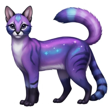 Colorful black-violet-indigo-purple-gradients nebulae nebula starry galactical shiny tropical pale light fruity pastel white glorious iridescent divine exotic cute cool beautiful realistic antasy-caracal-civet-genet-sergal-vernid-Cacomistle-Trico-oncilla-animal-Fakémon-hybrid-fursona (full body) sticker