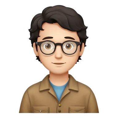 Young caucasian man with black wavy hair, round glasses, wearing brown carpenter outfit with shirt underneath sticker