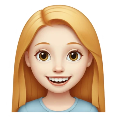 traditional simple emoji of young girl with very pale skin, long straight ginger blonde hair, big eyes, big smile with teeth showing, classic round face sticker