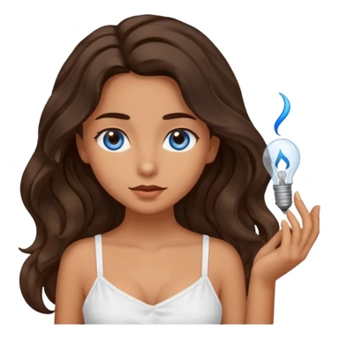 Girl with olive skin, blue eyes, brown dark insanely wavy long hair, white camisole, getting an idea sticker
