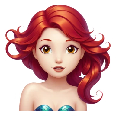 Cinematic Realistic Red Hair Mermaid Portrait, head tilted playfully and inquisitively, showcasing an ethereal form with finely detailed, flowing red hair against luminous porcelain skin. Her bright, curious eyes sparkle like hidden gems beneath the gentle caress of underwater light, rendered with lifelike clarity and warm, filtered illumination—capturing the essence of a spirited mermaid ready to splash playfully into your imagination. sticker