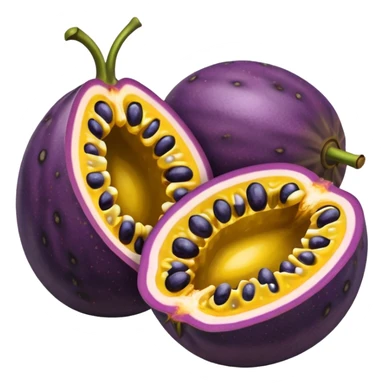 whole round purple passion fruit with slightly wrinkled matte skin next to halved piece showing vibrant yellow pulp with glossy black seeds juicy jelly-like texture bold contrast between rind and interior no leaf spoon or extras soft lighting subtle shadows emoji scale sticker