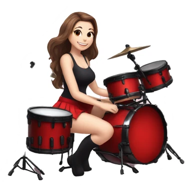 alistic full body caucasian curvy beauty short black skirt front view knickers long white socks sitting playing red drumkit sticker