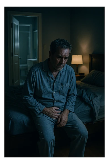 A nighttime scene inside a dimly lit bedroom. A man in his 50s sits stanco sul bordo del letto, con lo sguardo perso nel vuoto, mentre una luce fioca proviene dalla lampada sul comodino. Indossa un pigiama spiegazzato, e si tiene leggermente la zona bassa dell’addome. Dietro di lui, il letto è visibilmente disfatto, segno di sonno interrotto. Una porta socchiusa sullo sfondo mostra la luce accesa in bagno, con il pavimento riflettente che indica i numerosi passaggi notturni. Il tono è cupo ma realistico, con colori freddi, blu e grigi, e un leggero bagliore lunare che filtra dalla finestra. Stile: 35mm film, profondità emotiva, dettaglio ambientale. in italiano sticker