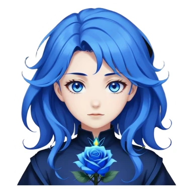 anime girl with dark blue hair, blue rose in hair, glowing blue eyes, Solo Leveling style, sharp features, blue magical aura, 2D emoji sticker