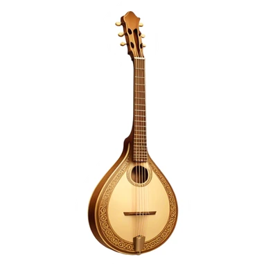 Bouzouki – Cinematic Realistic Bouzouki, depicted as a beautifully crafted Greek string instrument with a long neck and ornate fretwork, its polished wooden body reflecting warm golden light, set on a rustic background with soft shadows that evoke traditional Mediterranean music. sticker