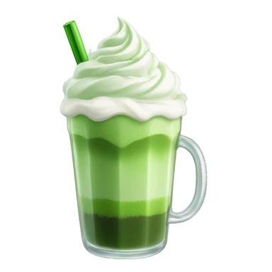 a glass of matcha latte with whipped cream and green tea powder on top. Without straw
 sticker