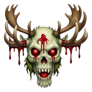 A giant looming Alaskan zombie Titan with blood dripping moose antlers and covered in moss and blood. In the style of your bleeding skull art sticker