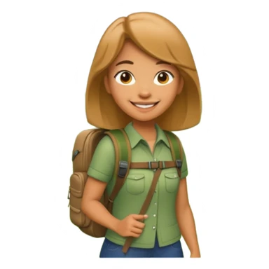 A 3D cartoon woman with a backpack smiling outdoors, surrounded by greenery, Memoji-style realism. sticker