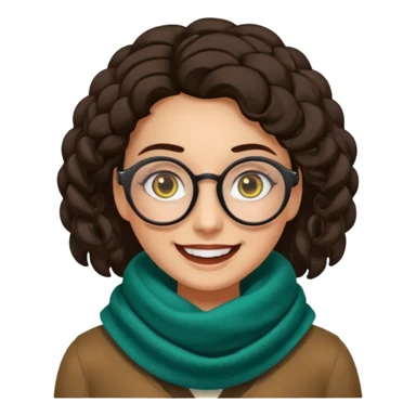 Emoji estilo WhatsApp de una mujer sonriente con rostro ovalado, piel semi oscura, ojos grandes y oscuros, cejas gruesas arqueadas, gafas grandes redondeadas, rizos voluminosos negros, bufanda colorida y expresión tierna. Colores limpios, contornos suaves y fondo transparente. sticker