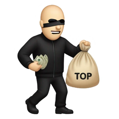 Thief wearing all black clothes actively stealing a beige money bag with the words Top Tier embroidered on it sticker