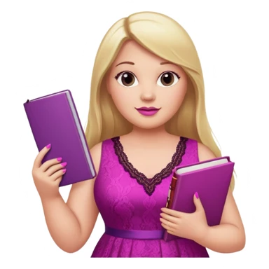 A plus-size white woman with long, straight blonde hair is wearing a magenta lace sleeveless dress. She is standing with magenta nail polish and holding a book and a crayon.. sticker