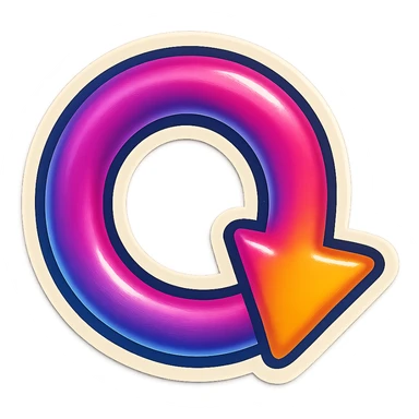 Create a retro sticker style arrow that curves 270 degrees from tail to point, matching the reference style and color. sticker