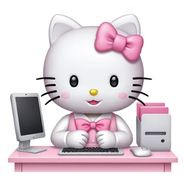 Hello Kitty working at office desk with computer sticker