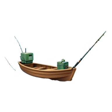 Icon for Fishing Travel: a boat on a calm lake surrounded by mountains and lush greenery, with fish jumping out of the water, a fishing rod, tackle box. The icon should capture the peaceful and adventurous nature of fishing trips. Transparent background. sticker