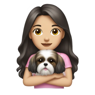 A girl with long dark hair and on her left shoulder and neck is a cute female shih tzu with pink bow sticker