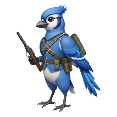 A bluejay bombadier, grenadier, military uniform, bandolier of grenades, bombs, side profile, feet included  sticker