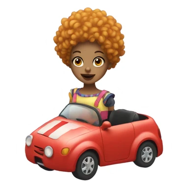 girl with curly hair that is dressed a clown with a clown nose driving small car sticker