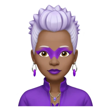 57yr old Qeen black woman with long oval shaped face with a white colored  natural hair mohawk style haircut adorning purple royalty clothing and purle lipstick, with 2 nose rings sticker