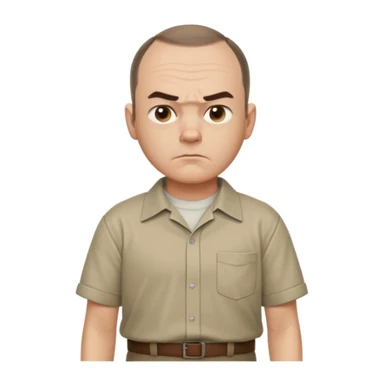 Carl from Sling Blade, serious expression, recognizable features, neutral background, full body, chin sticking out, slouching posture, no glasses, shirt with collar sticker