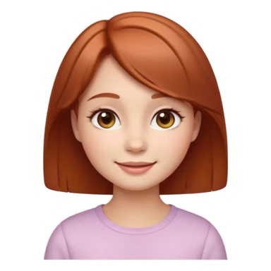 “Cute girly emoji portrait, warm friendly smile, short auburn hair with soft shine, rounded facial features, pastel color palette, subtle blush on cheeks, simplified facial details, soft gradient shading, cozy and feminine emoji style, clean light background. sticker