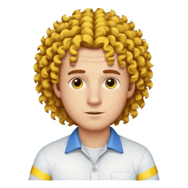 Make me an emoji that has a guy with a white shirt and yellow tape around the shirt with brown and blue spots hair make the hair curly sticker