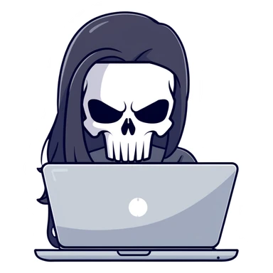 girl Punisher skull with straight long black hair typing on laptop sticker