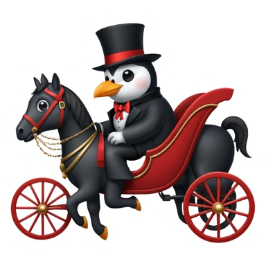 A penguin dressed as dracula riding a 3 horse carriage sticker