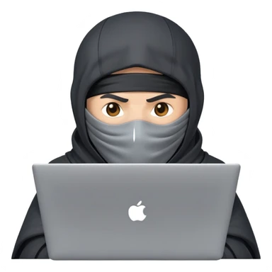 Ninja wearing  light grey cloth without covering the head and only covering the face working with laptop ,ninja should face the laptop  sticker