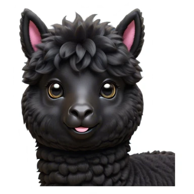 Cinematic Cute Black Alpaca Portrait Emoji, Head tilted playfully and inquisitively, featuring a plush, shiny jet-black fleece with a lustrous sheen, round, sparkling dark eyes filled with curiosity, Simplified yet irresistibly adorable features, highly detailed, glowing with a warm, friendly glow, high shine, affectionate and gentle, stylized with a touch of whimsy, bright and endearing, soft glowing outline, capturing the essence of a mischievous yet loving alpaca, so playful it feels like it could prance out of the screen and into your arms! sticker
